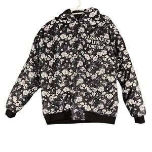 Assholes Live Forever Floral Print Hooded Puffer Jacket Black‎ Large